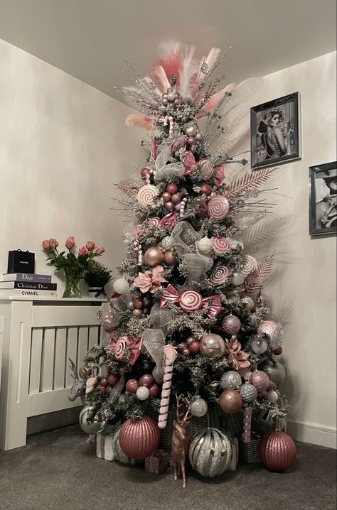 Pink candy cane tree Pink And Red Candy Cane Christmas Tree, Pink Candy Cane Christmas Tree, Pink Candy Christmas Tree, Candy Cane Tree, Pink Candy Cane, Pink Christmas Tree Decorations, Christmas Tree Inspo, Candy Christmas Tree, Christmas Decorations Apartment