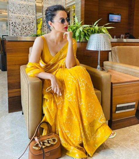 How To Wear a Bandhani Saree? 20 Best Bandhej Saree Designs -  #Bandhani #Bandhej #Designs #saree #Wear Summer People, Haldi Outfits, Kangana Ranaut, Casual Indian Fashion, Simple Sarees, Indian Fashion Saree, Yellow Saree, Saree Designs Party Wear, Traditional Indian Outfits