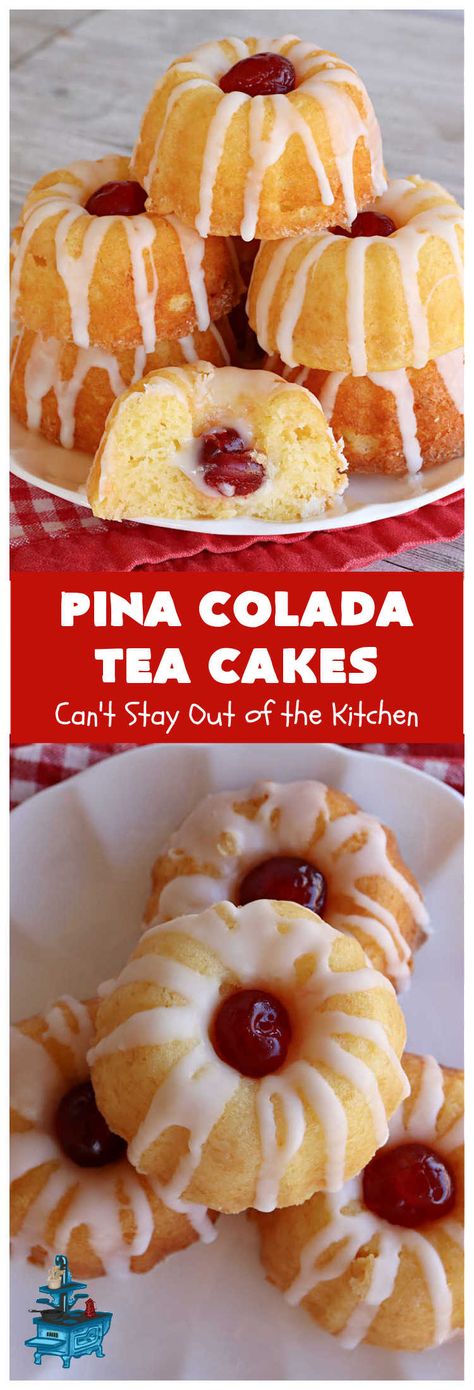 Pina Colada Tea Cakes – Can't Stay Out of the Kitchen Pineapple Icing, Dessert For Christmas, Tea Cake Recipe, Powdered Sugar Icing, Bundt Pans, Cherry Coconut, Tea Cakes Recipes, Meatless Main Dishes, Sugar Icing