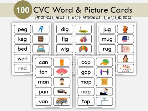 Phonics Words and Picture Cards, CVC Word Families Matching Flashcards, CVC Objects, CVC Words Reading Activity, Short Vowels, Learn to Read Cvc Word Picture Cards, Cvc Flashcards, Vowels Kindergarten, Kids Phonics, Cvc Word Practice, Teaching Hacks, Phonics Cards, Cvc Words Kindergarten, Cvc Word Families