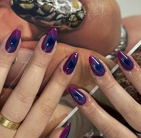 Short Square Jelly Nails, Cool Purple Nails, Nails 2 Colors, Cute Nails Purple, Dark Aura Nails, Whimsigoth Nails, Jewel Tone Nails, Purple Blue Nails, Purple And Blue Nails