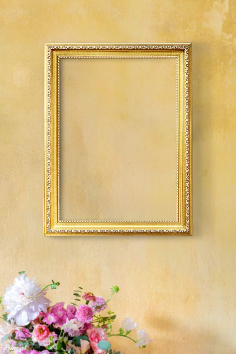 Golden frame on a yellow wall by flowers | premium image by rawpixel.com / HwangMangjoo Golden Frames On Wall, Mockup Ideas, Lion Live Wallpaper, Frame Drawing, Mughal Art Paintings, Marble Frame, Floral Mirror, Pink Flowers Wallpaper, Photo Frame Wallpaper