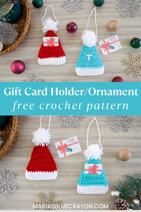 Crochet Gift Card Holder Ornament Free Pattern - Maria's Blue Crayon Crochet Gift Card Holder, Crochet Xmas Gifts, Winter Patterns, Christmas Gift Card Holder, Crochet Christmas Hats, Crochet Ornament Patterns, Blue Crayon, Christmas Crochet Patterns Free, Winter Projects