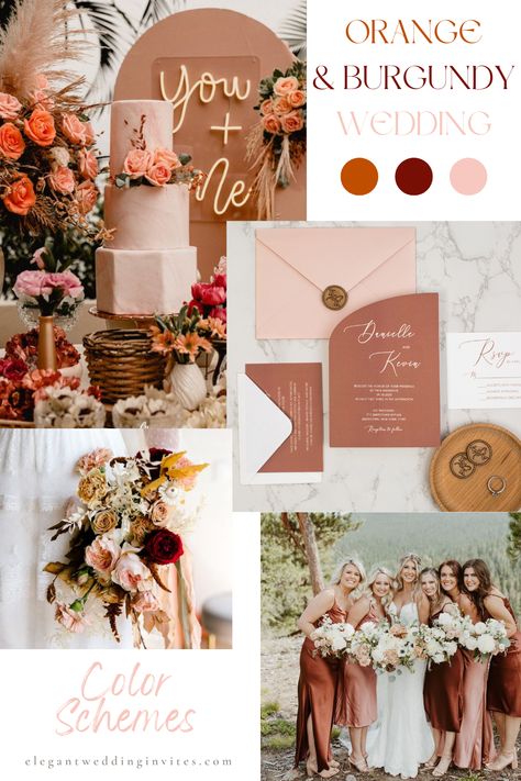 Burnt Orange And Burgundy Wedding, Orange And Burgundy Wedding, Burgundy Wine Wedding, Bridal Party Table, Burgundy Colour Palette, Wedding Theme Color Schemes, Burgundy Wedding Cake, Orange And Pink Wedding, Early Fall Weddings