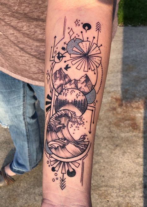 Mountain And Ocean Tattoo Sleeve, Beach And Mountain Tattoo Sleeve, Nature And Ocean Tattoo, Mountain And Sea Tattoo Sleeve, Mountain And Ocean Tattoo Geometric, Mountain And Ocean Tattoo Ideas, Geometric Camping Tattoo, Compass Mountain Ocean Tattoo, Connecting Tattoos Sleeve