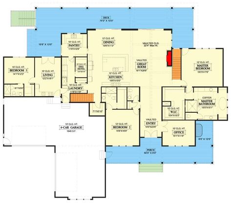 Main level floor plan of a single-story 6-bedroom mountain craftsman home with foyer, office, great room, dining area, kitchen, three bedrooms, living room, and laundry room that opens to the garage. Mountain Home Plans Walkout Basement, Oversized Island, Wraparound Deck, Multigenerational House Plans, Multigenerational House, Mountain Craftsman, Basement Floor, Basement Floor Plans, Garage Floor Plans