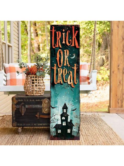 Welcome the spooky season with the 36in Trick or Treat Porch Sign, a perfect blend of vintage charm and modern farmhouse decor. This front porch Halloween welcome sign adds a festive touch to your home, making it ideal for greeting guests and trick-or-treaters. Crafted from high-quality wood, this durable sign is designed to withstand various weather conditions, ensuring it remains a standout piece year after year. The vibrant colors and classic "Trick or Treat" design capture the essence of Hal Front Porch Halloween, Halloween Welcome Sign, Porch Halloween, Halloween Yard Signs, Halloween Porch Sign, Halloween Wood Signs, Scrap Wood Crafts, Halloween Wood Crafts, Front Porch Signs