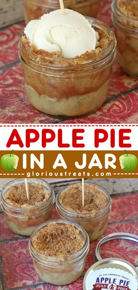 Looking for an easy fall recipe? These Apple Pies in a Jar are classic little pies that start with a buttery pastry crust packed with cinnamon apples and crumb topping. Add this recipe to your simple Fall food ideas! Apple Crisp Individual Mason Jars, Apple Crumble In A Jar, Apple Crisp Mason Jar Desserts, Pies In A Jar Recipes, Mason Jar Apple Pie, Mason Jar Pumpkin Pie, Apple Pie Cups Recipe, Apple Crisp In A Jar, Apple Pie Inspired Desserts