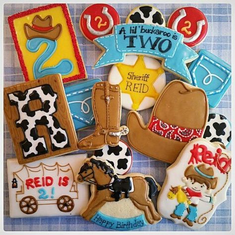 Frost:  Cowboy/Western theme birthday set for a two year old. Cowgirl Cookies, Cowboy Theme Party, Happy Birthday Cookie, Wild West Party, Rodeo Party, 2nd Birthday Boys, Cowboy Cookies, Cookie Exchange Party, Cowboy Birthday Party