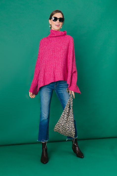 Fuschia Talia Poncho Sweater | ELEVEN SIX Ladies Sweaters, Boyfriend Jeans Style, Bright Sweater, Metallic Blouses, Portfolio Ideas, Winter Mode, Western Booties, Number 7, Scarf Poncho