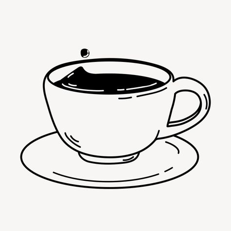 Black Coffee Drawing, Aesthetic Coffee Drawing, Cartoon Black And White Aesthetic, Coffee Elements Illustrations, Espresso Cup Tattoo, Coffee Cup Drawing Simple, Espresso Tattoo, Coffee Line Drawing, Cup Of Coffee Illustration