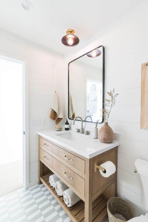 Best Bathroom Vanities to Refresh Your Space - Mindy Gayer Design Co. Checkered Bathroom, Oak Vanity Bathroom, Modern Farmhouse Bathroom Ideas, Mindy Gayer Design, Kid Bathroom, Beautiful Bathroom Vanity, Patterned Kitchen Tiles, Beach Style Bathroom, Bathroom Vanity Ideas