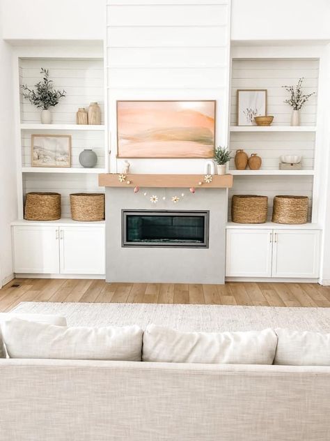 Pottery Barn Family Room, Spring Shelf Decor, Shelves Around Fireplace, White Built Ins, Built In Around Fireplace, Simple Fireplace, Fireplace Bookshelves, Built In Shelves Living Room, Living Room Built Ins