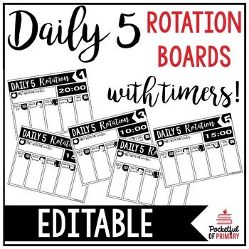 These EDITABLE Daily 5 rotation boards are perfect for displaying your Daily 5 rotations all in one place WITH TIMERS! There are 5 rotation boards and each has 3 different timer options: 20 minutes, 15 minutes, and 10 minutes. Daily 5 Schedule, Pocketful Of Primary, Daily 5 Posters, Teaching Board, Center Rotations, Teachers Corner, Choice Boards, Becoming A Teacher, Primary Teachers