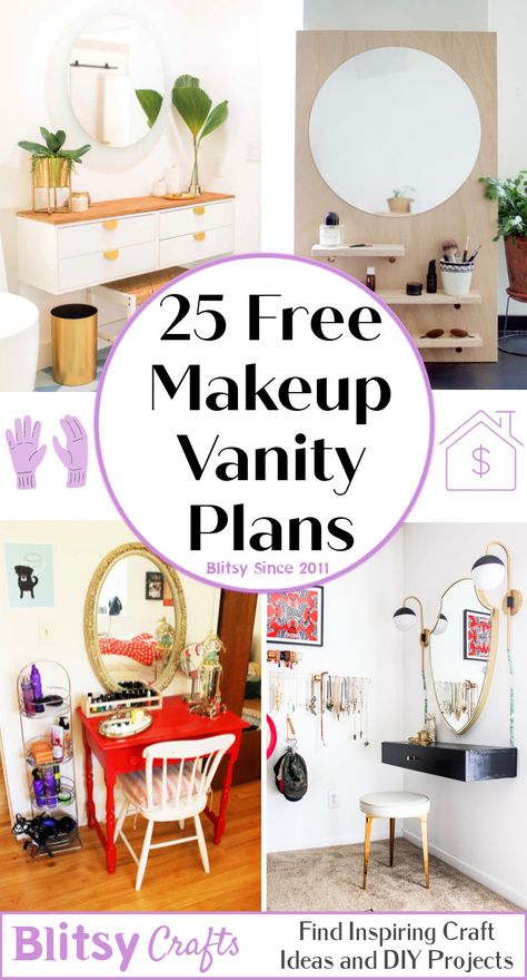 25 homemade diy makeup vanity plans - diy vanity table ideas Dyi Vanity Shelf, Diy Kid Vanity, Homemade Makeup Vanity, Makeup Vanity Small Space, Vanity Ideas Bedroom Small, Makeup Vanity Plans, Small Space Makeup Vanity, Diy Makeup Vanity Plans, Homemade Vanity