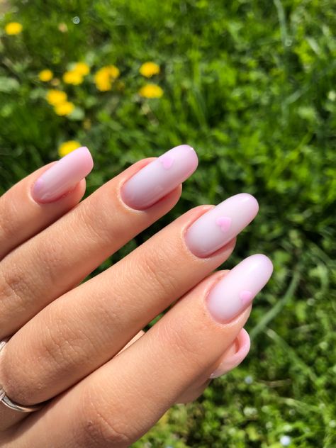 Milky White And Pink Nails, Pink Hearts Nails, Hearts Nails, Milky White Nails, Nails With Pink, Natural Acrylic, Natural Acrylic Nails, Pink Nail Colors, February Nails