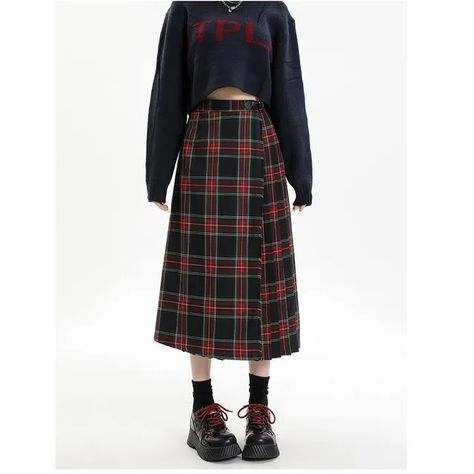 Denimot - High Waist Plaid Midi A-Line Skirt | YesStyle Plaid Skirt Outfit, Straight Cut Pants, Denim Midi Skirt, Skirt Outfit, Plaid Skirt, Fashion Sale, Plaid Skirts, Cut Shirts, Spaghetti Strap Dresses