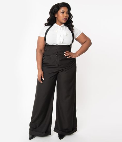 Unique Vintage Plus Size Black & White Pin Stripe Thelma Suspender Pan Wedding Cocktail Attire For Women Plus Size, Cool Clothes Plus Size, Witchy Fashion Plus Size, Plus Size Victorian Fashion, Nonbinary Wedding Attire, Queer Fashion Plus Size, Plus Size Queer Fashion, Plus Size Dark Academia Fashion, Plus Size Corporate Goth