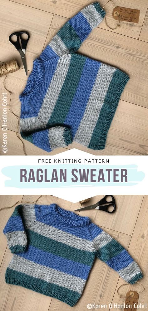 Raglan Sweater Free Knitting Pattern Who doesn't know the power of horizontal stripes yet? We all do! Knit this simple sweater with classic cut and neckline for your little bundles of joy to wear this season. You can go for cool tones like the brilliant author did or choose something different instead. #knitpullover #knitchildrenpullover #knitsweater #knitchildrensweater #freeknittingpattern Free Childrens Knitting Patterns, Kids Sweater Pattern, Boys Knitting Patterns Free, Knitting Patterns Boys, Kids Knitting Patterns, Knitting Patterns Free Sweater, Baby Boy Knitting Patterns, Jumper Knitting Pattern, Baby Sweater Patterns