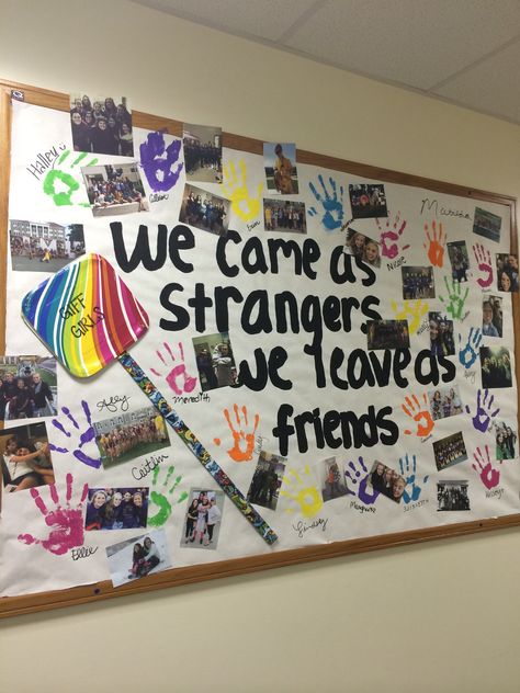 End of the year closing board! "We came as strangers we leave as friends". Handprints of each resident with their signature next to it. Residents emailed me their photos and I put them up all over. I even put up our hallway sign from orientation week. We Came As Strangers We Leave As Friends, Orientation Week Activities, Signature Board Ideas, Picture Bulletin Board Ideas, Senior Class Decoration Ideas, Photo Bulletin Board Ideas, Classroom Photo Wall, Senior Bulletin Board Ideas, School Farewell Ideas