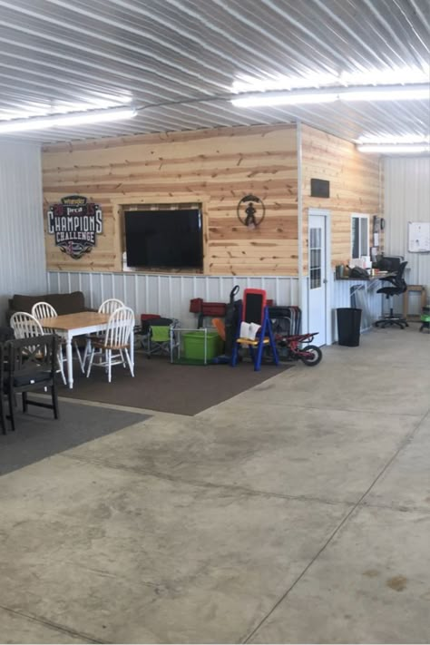 Finished Shop Ideas, Inside Metal Shop Ideas, Pole Barn Entertainment Space, Live In Shop While Building, Shop Remodel Ideas, Shop Apartment Interior, Metal Building Shop Interior Ideas, Half Shop Half House, Metal Shop Interior Ideas