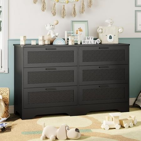 Specifications: Color: Black Material: Engineered Wood, Woven Leather Size: 45.7inchL x 15.8inchH x 30inchH Features: The modern bedroom black dresser can easily fit into any dcor style, saving space while adding a touch of sophistication to your home decor. The spacious tabletop is perfect for placing lamps, vases, and other daily items within easy reach. Ample storage space allows you to categorize your items and keep the room neat, tidy, and organized. You can use it as a vanity table in the Black Dresser Nursery Baby Boy, Boys Room Dresser, Modern Bedroom Black, Bedroom Black Dresser, Dark Gray Dresser, Boys Dresser, Charcoal Bedroom, Modern Boys Rooms, Boy Bedroom Decor