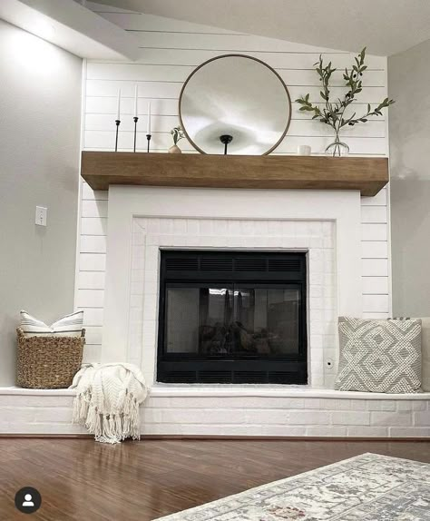 Corner Fireplace Makeover, Corner Fireplace Living Room, Wood Mantle Fireplace, White Brick Fireplace, Fireplace Redo, Fireplace Update, Shiplap Fireplace, Brick Fireplace Makeover, Fireplace Mantle Decor