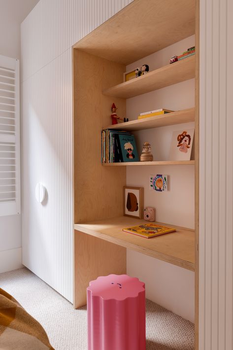 Study nook built into bedroom joinery featuring V.Happy Co Musk Stick Stool and D for Dog Print Half Moon Handles, V Happy, Desk Nook, Kids Rooms Inspo, Kids Bedroom Inspiration, Study Nook, Bedroom Desk, Built In Furniture, Hus Inspiration