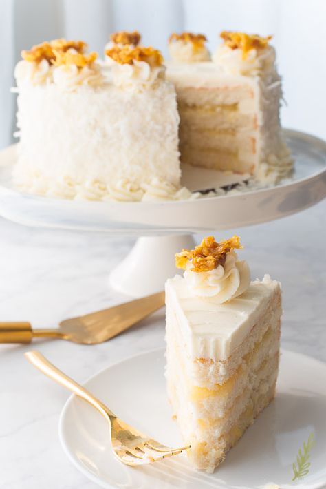 Pina Colada Layer Cake, Pina Colada Buttercream, Flavoured Cakes, Pina Colada Cake Recipe, Pina Colada Cake, Tropical Desserts, Cake Cups, Layered Cakes, Rhubarb Cake