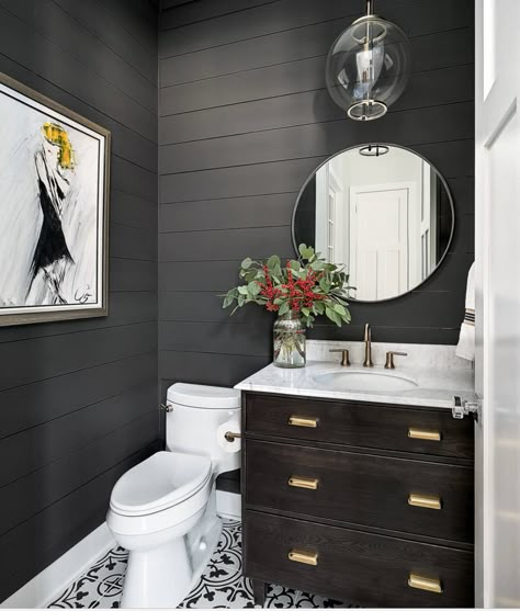 Tips for Using Dark Moody Paint Colors -Wall color is Sherwin Williams Iron Ore Bathroom Wall Colors, Dark Gray Bathroom, Powder Room Vanity, Dark Paint Colors, Dark Grey Walls, Dark Bathrooms, Favorite Paint Colors, Bathroom Paint Colors, Bathroom Color