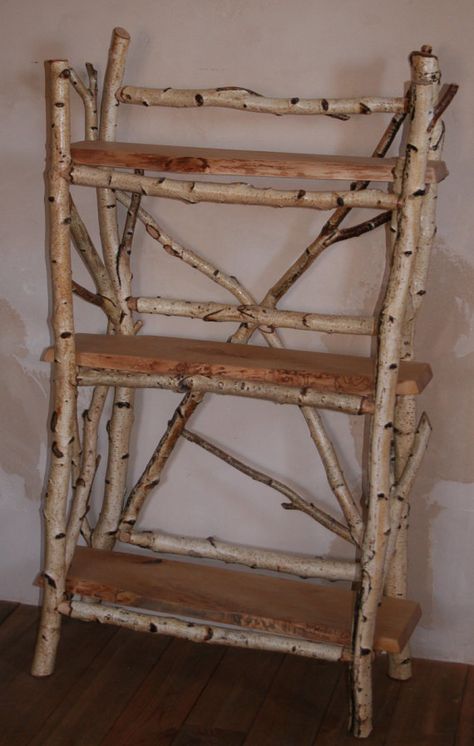 white+birch+shelf+by+RusticFurnture+on+Etsy Plant Mobile, Birch Wood Crafts, Branch Furniture, Birch Bark Crafts, Willow Furniture, Twig Furniture, Tree Branch Decor, Sticks Furniture, Rustic Chair