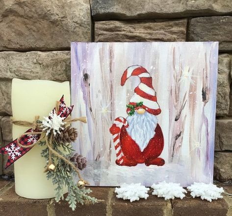 Christmas Elf Painting Santas Gnome Original Art Holidays | Etsy Peppermint Painting, Winter Gnome Painting, Christmas Gnomes Painting, Holiday Painting Ideas, Elf Painting, Santa Claus Painting, Winter Oil Painting, Field Paint, Gnome Pictures