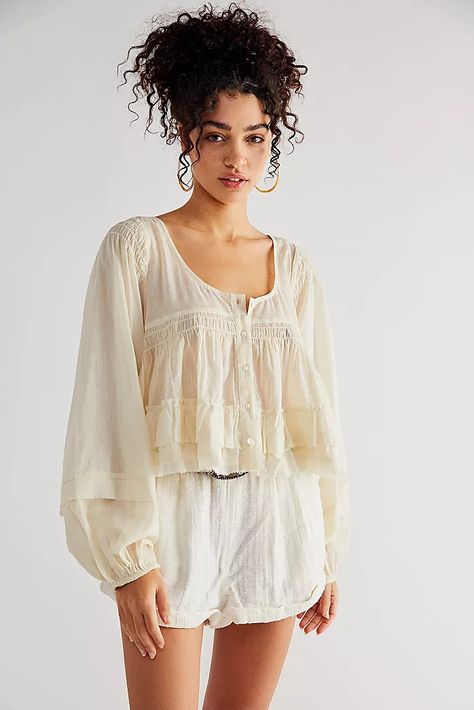 Lace Tops, Off the Shoulder Tops & More | Free People Exaggerated Sleeves, Free People Blouse, Altered Couture, Cream Blouse, Blouse Nordstrom, Button Front Top, Sheer Blouse, Office Fashion, Lace Tops