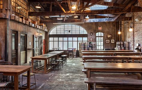 Interior of Houston beer hall. Brew Aesthetic, Beer Garden Design, Industrial Decay, Brewery Bar, Brew Bar, Brewery Design, Cheese Factory, Beer House, Bar Design Awards