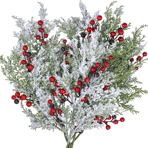 Amazon.com: Winlyn 6 Pcs Snowy Artificial Cedar Picks with Red Berries Frosted Faux Cedar Sprays Christmas Cedar Greenery Branches Stems for Christmas Tree Wreath Floral Arrangement Vase Winter Holiday Décor : Home & Kitchen Cedar Greenery, Cedar Wreath, Christmas Branches, Holiday Arrangement, Artificial Plants Outdoor, Tree Wreath, Christmas Tree Wreath, Green Trees, Winter Holiday