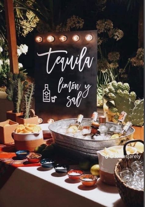 Tequila Table Ideas, Tequila Bar Wedding, Tequila Station, Tequila Party Decoration, 40th Birthday Party Men, Bridal Fiesta, Rancho Wedding, Sangria Party, Taco Bar Wedding