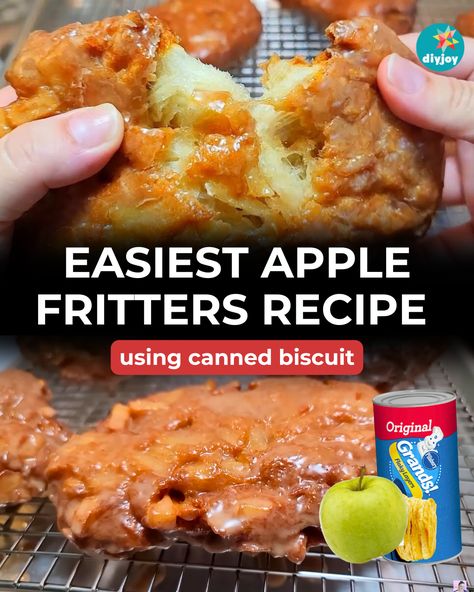 Make these delicious apple fritters coated in a sweet cinnamon glaze using canned dough biscuits! Recipe Using Canned Biscuits, Easy Apple Fritters Recipe, Apple Fritters Recipe, Apple Turnover Recipe, Cornbread Muffins Recipe, Bacon Chili, Cinnamon Glaze, Diy Joy, Hand Pie Recipes