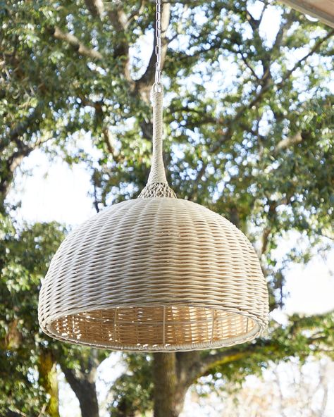 Chandelier features hand-woven synthetic rattan accented with a synthetic hand-twisted rope hanger Uses three 60-watt bulbs Suitable for covered outdoor patios Overall, approx. 30"Dia. x 17"T Chain, approx. 9 ft Includes hanging hardware Weight, 30.0 lbs Imported Boxed weight, approximately 37.0 lbs | Palecek Wisteria 30" Outdoor Chandelier Outdoor Woven Pendant Light, Outdoor Patios, Outdoor Chandelier, Outdoor Pendant Lighting, White Chandelier, White Pendant Light, Outdoor Sconces, Modern Fan, Gold Chandelier