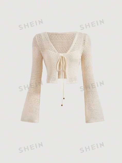 SHEIN MOD Tie Front Crochet Material Trumpet Sleeve Spring Crop Top Without Cami Top | SHEIN USA Spring Crop Tops, Icon Y2k, Trumpet Sleeve Top, Grunge Hippie, Top Shein, Trumpet Sleeve, Y2k Grunge, Printed Ties, Cami Top