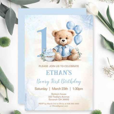 Teddy Bear 1St Birthday Blue Balloons Invitation #zazzle #weddinginvitations #birthdayinvitations #babyshowerinvitations #zazzleinvitations #monogram #businesscards #graduation #homedecor First Birthday Boy Invitations, Beary 1st Birthday, Beary First Birthday, Balloon Invitation, Birthday Bear, Teddy Bear Birthday, Bear Birthday Party, Bear Invitations, Baptism Ideas