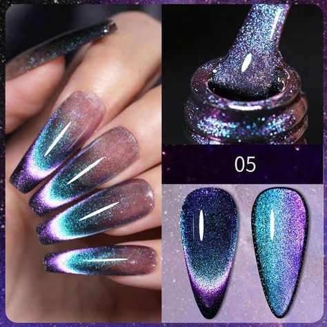 Nail Galaxy, Nail Salon At Home, Glitter Cat Eye, Elegant Touch Nails, Galaxy Nail Art, Purple Glitter Nails, Aesthetic Rainbow, Cat Eye Nails Polish, Magnetic Nail Polish