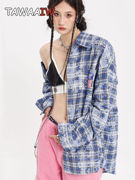 Tawaaiw American Retro Blue Plaid Shirt Women Long Sleeve Loose Turn-down Collar Autumn Spring Blue Plaid Shirt Women, Spring Streetwear, Streetwear Long Sleeve, Plaid Print Shirt, Vintage Tie Dye, Print Shirts Women, Plaid Shirt Women, Straight Clothes, Blue Plaid Shirt