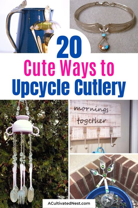 20 Beautiful Cutlery Upcycle Projects- Turn your old cutlery into stunning upcycle projects! Check out these beautiful cutlery upcycle projects for ideas to transform spoons, forks, and knives into unique home décor, jewelry, and more! | #upcycle #cutlerycrafts #DIYprojects #repurpose #ACultivatedNest Cutlery Wind Chime Diy, Spoon Decoration Ideas, Old Silverware Ideas Diy Projects, Silverware Windchimes Diy, Vintage Silverware Crafts, Utensil Crafts, Silverware Wind Chimes, Silverware Windchimes, Beautiful Cutlery