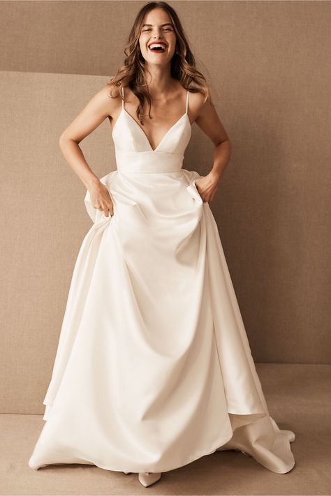 We love this ballgown's 90s-influenced edge-it's chic and elegant without all the frills. Lustrous satin, a plunging v-neck, and spaghetti straps make a decidedly modern statement. From the Wtoo by Watters line Wtoo Wedding Dress, Wtoo By Watters, By Watters, A Line Bridal Gowns, Anthropologie Wedding, Wedding Dresses Satin, Casual Wedding Dress, Dress Satin, Long Wedding Dresses