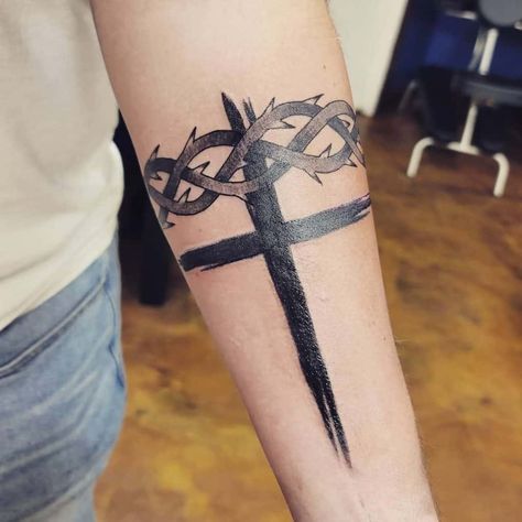 Crown and Cross Tattoo Thorn Cross Tattoo, Cross Band Tattoo, Cross With Crown Of Thorns Tattoo, Tj Tattoo, Classy Tattoos For Women, Band Tattoos For Men, Thorn Tattoo, Compass Watch, Cuff Tattoo