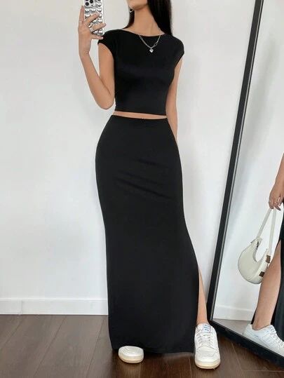 Solid Crop Tank Top, Split Skirt Outfit, Bodycon Maxi Skirt, Split Maxi Skirt, Maxi Skirt Outfit, Rok Outfit, Maxi Rok, Maxi Skirt Outfits, Sleeveless Tops Summer