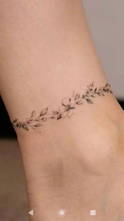 Delicate Wrist Bracelet Tattoos For Women Flower, Dainty Vines Tattoo, Delicate Vine Tattoo, Small Vine Tattoo, Dainty Vine Tattoo, Delicate Bracelet Tattoo, Dark Floral Tattoo, Wrap Around Ankle Tattoos, Anklet Tattoos For Women