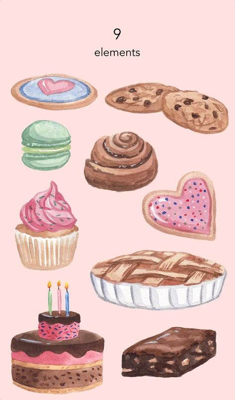 WATERCOLOR CLIPART bakery clipart food kitchen baked goods image 3 Sweets Graphic Design, Cookies Drawing, Bakery Clipart, Pie Birthday, Birthday Cake Brownies, Homemade Recipe Books, Cookies Cupcake, Cake Brownie, 1 Clipart