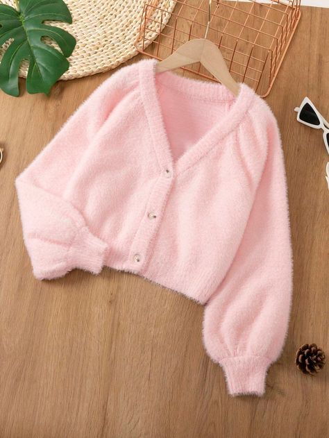 SHEIN Kids EVRYDAY Tween Girl Solid Button Front Lantern Sleeve Fuzzy Cardigan | SHEIN USA Pastel Pink Cardigan, Pretty Outfits Shein, Pink Fits Aesthetic, Pastel Pink Clothes, Aesthetic Pink Clothes, Preppy Pink Outfits, Cute Clothes For Teenagers, Cute Pink Clothes, Cute Pink Sweater