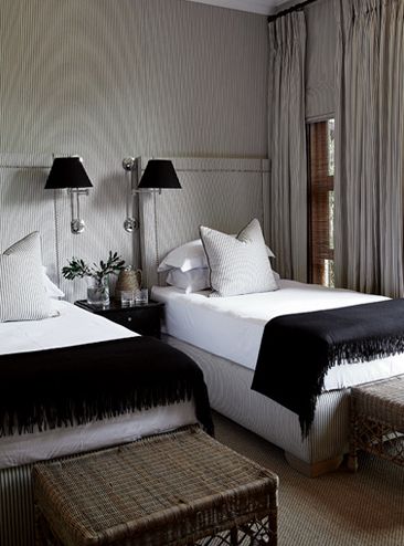 Masculine Guest Bedroom, with Twin Beds and Fabric Upholstered walls that match the Drapes. Transitional Twin Bedroom, Twin Beds Guest Room, Bedding Black, Upholstered Walls, Minimalist Bedroom Design, Bedroom White, Twin Beds, Twin Bedroom, Stripe Wallpaper